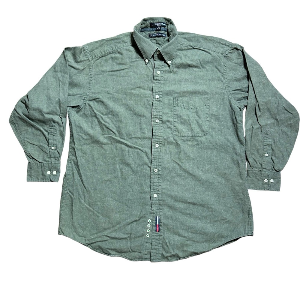 Tommy Hilfiger Vintage Button‎ Up Dress Shirt Green 100% Cotton Men's 16 32-33